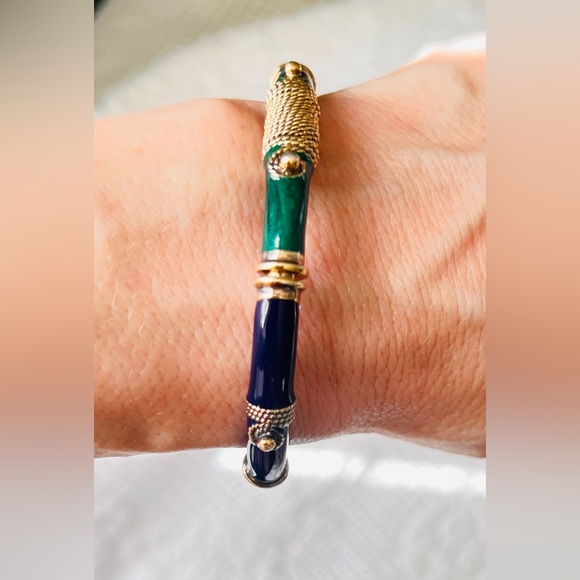 Vintage Italian 925 Silver Blue Green Enamel Bamboo Bangle 19.75g - Picture 9 of 11